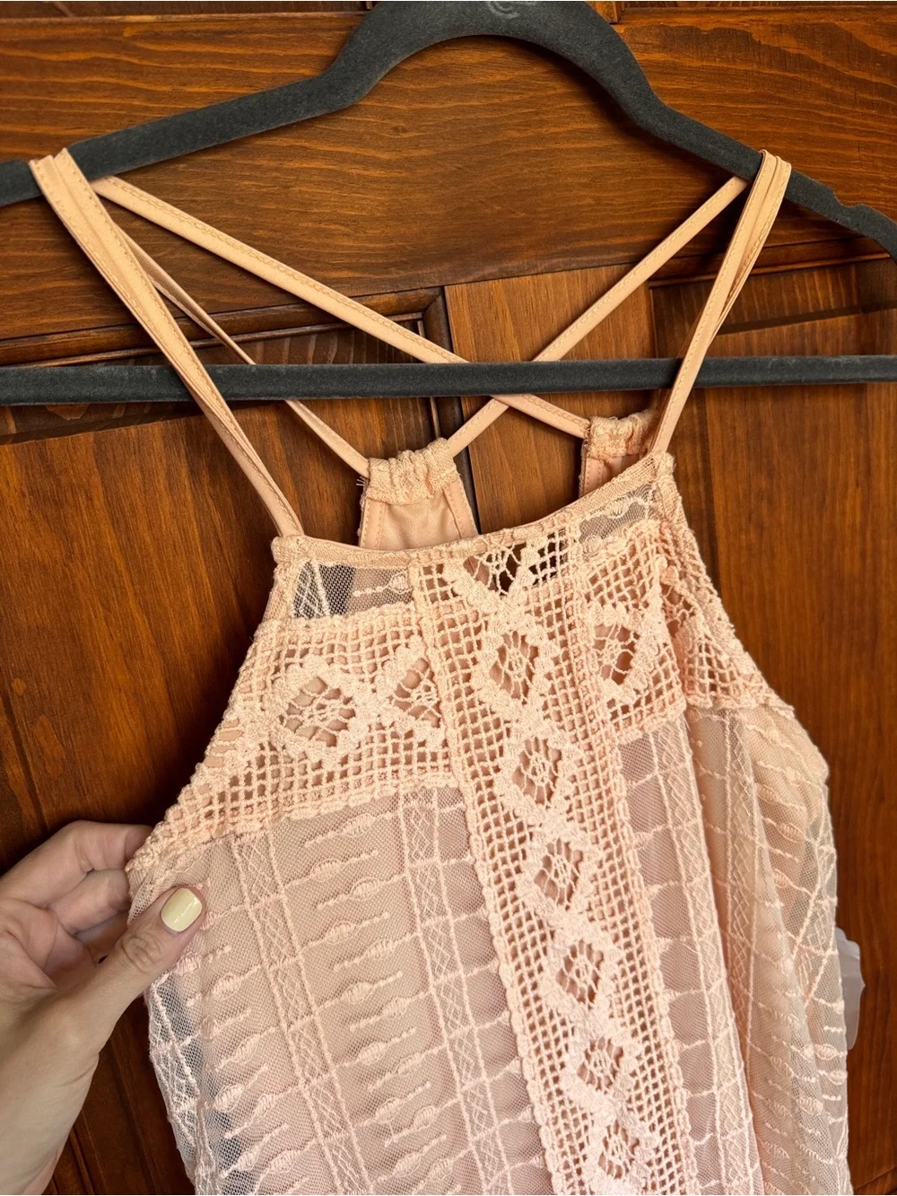 200. Light Peach colored Flowy boho crochet Dress - Picture 5 of 12
